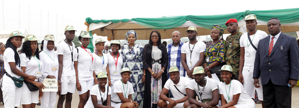 Wife of the Governor of Lagos State, Mrs Bolanle Ambode (7th right); National Youth Service Corps (NYSC) State Cordinator, Prince Mohammed Momoh (6th right); DSN. NDLEA, Victor Oballa (r); Mrs. Berlinda Faniyi (m); camp officials, and Corps Members, during the talk on Drug Abuse to Youths and its Economic and Social Implications on our Society for the 2017 Batch B Stream 1 Corps Members, deployed to Lagos State, at the NYSC Orientation Camp, Iyana-Ipaja, Lagos.