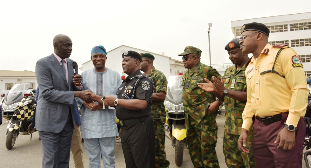 Board Chairman, Lagos State Security Trust Fund (LSSTF), Mr. Oye Hassan-Odukale; Secretary to the State Government, Mr. Tunji Bello; State Commissioner of Police, Mr. Imohimi Edgal; Commander, Nigeria Navy Beecroft Apapa, Commodore Murrice Ansa Eno; Commander, Nigeria 561Base Service Group, Ikeja, Air Commodore Olumide Olatunji and General Manager, Lagos State Traffic Management Authority (LASTMA), Mr. Wale Musa during the handing over of Power Bikes to the Police, RRS, LASTMA, and LASEMA at the Lagos House, Ikeja, on Tuesday, January 23, 2018. 