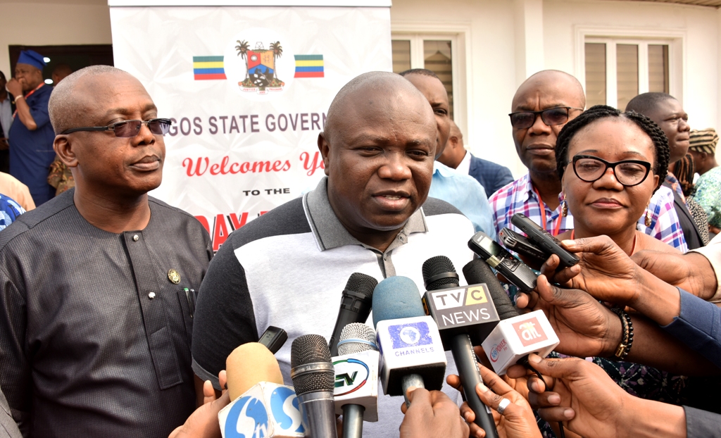 Lagos State Governor, Mr. Akinwunmi Ambode (middle), fielding questions from journalists shortly after the opening session of a 3-Day retreat for Executive Council members and Body of Permanent Secretaries with the theme - Effective Strategic Planning for an Emerging Smart City, at the Jubilee Chalet, Epe, on Thursday, January 25, 2018. With him are Head of Service, Mrs. Folasade Adesoye (right) and Commissioner for Establishment & Training, Dr. Akintola Benson (left). 
