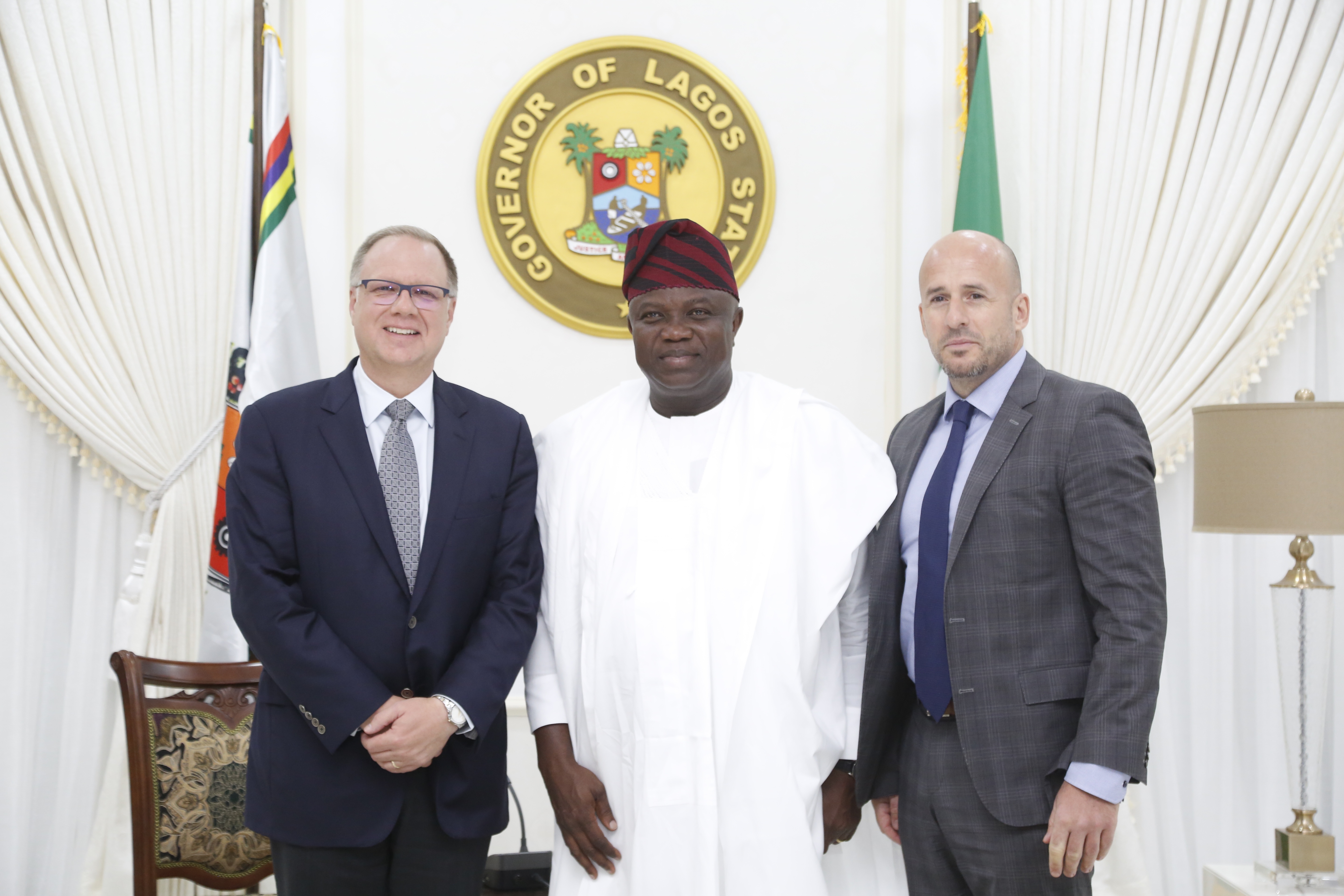 Lagos State Governor, Mr. Akinwunmi Ambode (middle), flanked by the High Commissioner of Canada to Nigeria, Mr. Christopher Thornley (left) and his Deputy, Mr. James  Christoff (right) during the Canadian High Commissioner’s courtesy visit at the Governor’s residence in Epe, on Thursday, January 25, 2018.