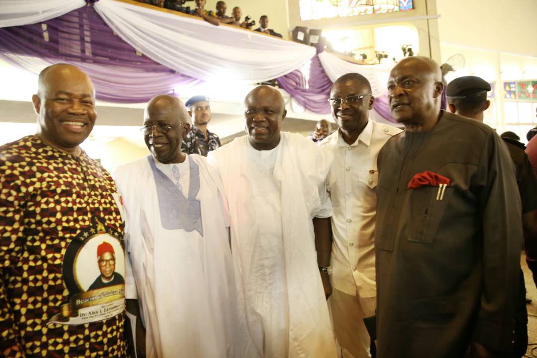 Lagos State Governor Mr. Akinwunmi Ambode (middle); National Leader of All Progressives Congress (APC), Asiwaju Bola Ahmed Tinubu (2nd left); Senate's Minority Leader, Senator Godswill Akpabio (left); Deputy Governor of Edo State, Mr. Phillip Shaibu (2nd right) and former Governor of Imo State, Mr. Achike Udenwa (right) during the Funeral Service of Late Dr. Alex Ekwueme at St. John The Divine Church, Anglican Communion, Oko, Anambra, on Friday, February 2, 2018.  