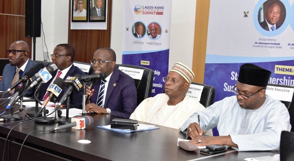Special Adviser to the Lagos State Governor on Education, Mr. Obafela Bank-Olemoh; his counterpart for Office of Overseas Affairs & Investment (Lagos Global), Prof. Ademola Abass; State Commissioner for Finance and Co-Chairman, Lagos-Kano Economic Summit 2018, Mr. Akinyemi Ashade; Co-Chairman/Chairman, Kano Economic Summit, Dr. Shamsudeen Usman and Kano State Commissioner for Finance and Economic Development, Alhaji Aminu Mukhtar during a joint media briefing on the forth coming Lagos-Kano Economic Summit 2018 at the Bagauda Kaltho Press Centre, the Secretariat, Alausa, Ikeja, on Tuesday, February 13, 2018.