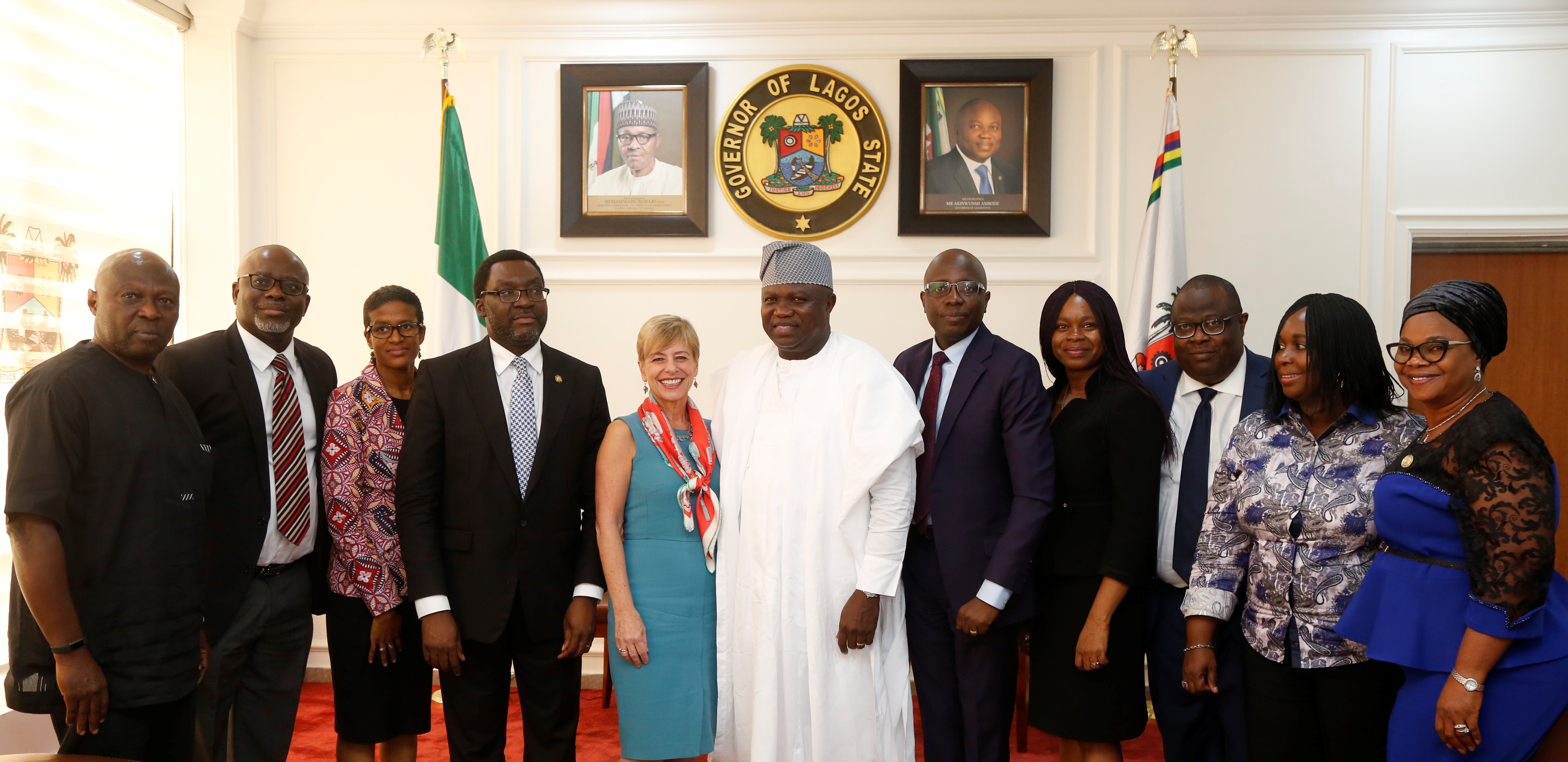 Lagos State Governor Mr. Akinwunmi Ambode (middle), with Ford Foundation Executive Vice President for Programs, Ms. Hillary Pennington (5th left); Commissioner for Tourism, Arts & Culture, Mr. Steve Ayorinde (4th left); Program Associate, Ford Foundation, Padma Ugbabe (3rd left); Program Offices, Ford Foundation, Dr. Paul Nwulu (2nd left); Commissioner for Works & Infrastructure, Engr. Ade Akinsanya (left); Commissioner for Finance, Mr. Akinyemi Ashade (5th right); Program Offices, Ford Foundation, Eva Kouka (4th right); Commissioner for Economic Planning & Budget, Mr. Segun Banjo (3rd right);  Program Assistant, Ford Foundation, Joy Ehinor-Esezobor (2nd right) and Special Adviser to the Governor on Tourism, Arts & Culture, Mrs. Aramide Giwanson (right) during the courtesy visit to the Governor by the Ford Foundation Executive Vice President for Programs, at the Lagos House, Alausa, Ikeja, on Monday, February 19, 2018.  