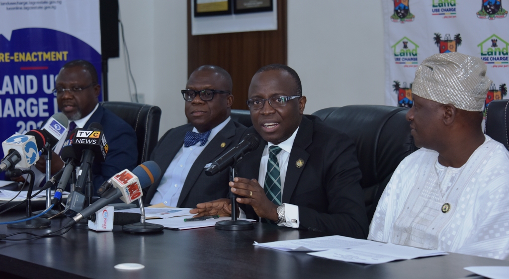 Commissioner for Finance, Mr. Akinyemi Ashade (2nd right); his counterpart for Information and Strategy, Mr. Kehinde Bamigbetan (right); Attorney General & Commissioner for Justice, Mr. Adeniji Kazeem (2nd left) and Special Adviser to the Lagos State Governor on Lagos Global, Prof. Ademola Abass (left) during the media briefing on the reduction of the Land Use Charge at the Bagauda Kaltho Press Centre, the Secretariat, Alausa, Ikeja, on Thursday, March 15, 2018. 