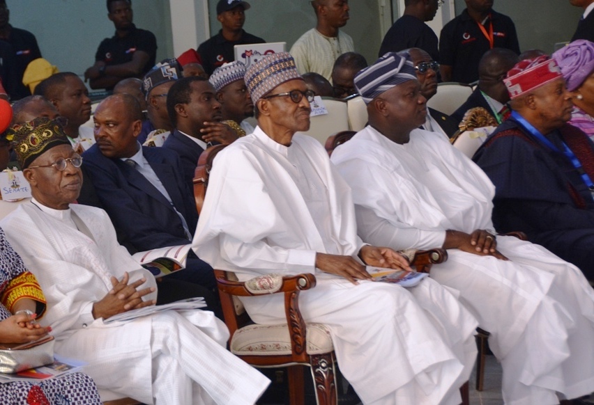 President Muhammadu Buhari (2nd left); Lagos State Governor, Mr. Akinwunmi Ambode (2nd right); member, House of Representative, Ikeja Federal Constituency, Hon. James Faleke (right) and Minister of Information and Culture, Alhaji Lai Mohammed (left) during the commissioning of the newly built Ikeja Bus Terminal by the Lagos State Government, on Thursday, March 29, 2018.