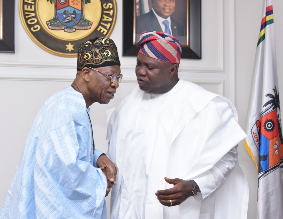 Lagos State Governor, Mr. Akinwunmi Ambode (right), with Minister of Information & Culture, Alhaji Lai Mohammed during the Minister’s courtesy visit to the Lagos House, Alausa, Ikeja, on Thursday, April 12, 2018.