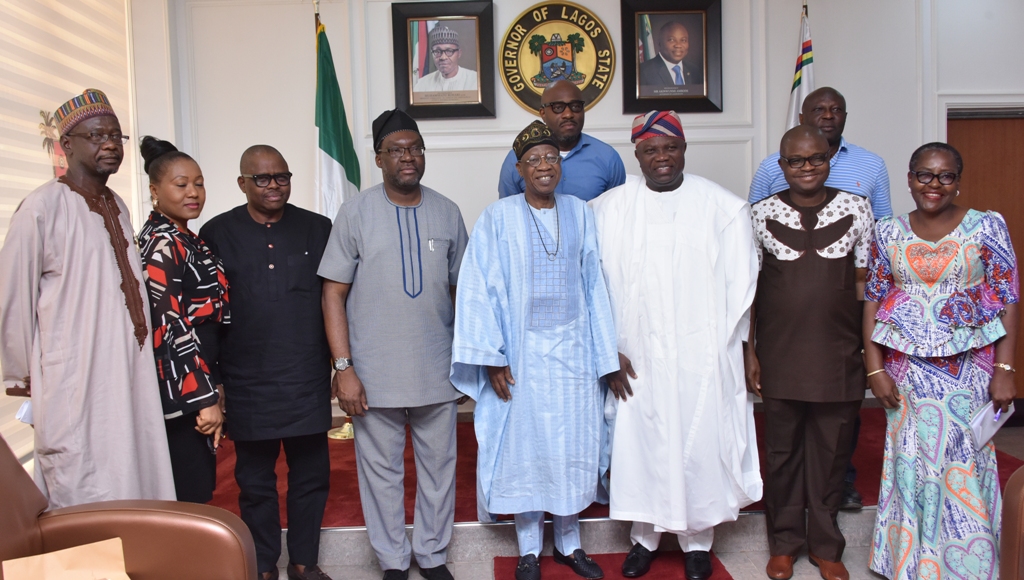 Lagos State Governor, Mr. Akinwunmi Ambode (3rd right); Minister of Information & Culture, Alhaji Lai Mohammed (4th right); Commissioner for Tourism, Arts & Culture, Mr. Steve Ayorinde (4th left); Special Assistants to the President, Office of the Minister of Information & Culture, Mr. Williams Adeleye (3rd left); Mr. Segun Adeyemi (2nd right); Director, Federal Ministry of Information & Culture, Mrs. Ronke Wole-Fasanya (right); Deputy Director, Ms Dorothy Duruaku (2nd left); Assistant Director, Mr. Aliyu Abana (left); Special Adviser to the Governor on Education, Mr. Obafela Bank-Olemoh (middle behind) and Commissioner for Works & Infrastructure, Engr. Ade Akinsanya (right behind)  during the Minister’s courtesy visit to the Governor, at the Lagos House, Alausa, Ikeja, on Thursday, April 12, 2018.