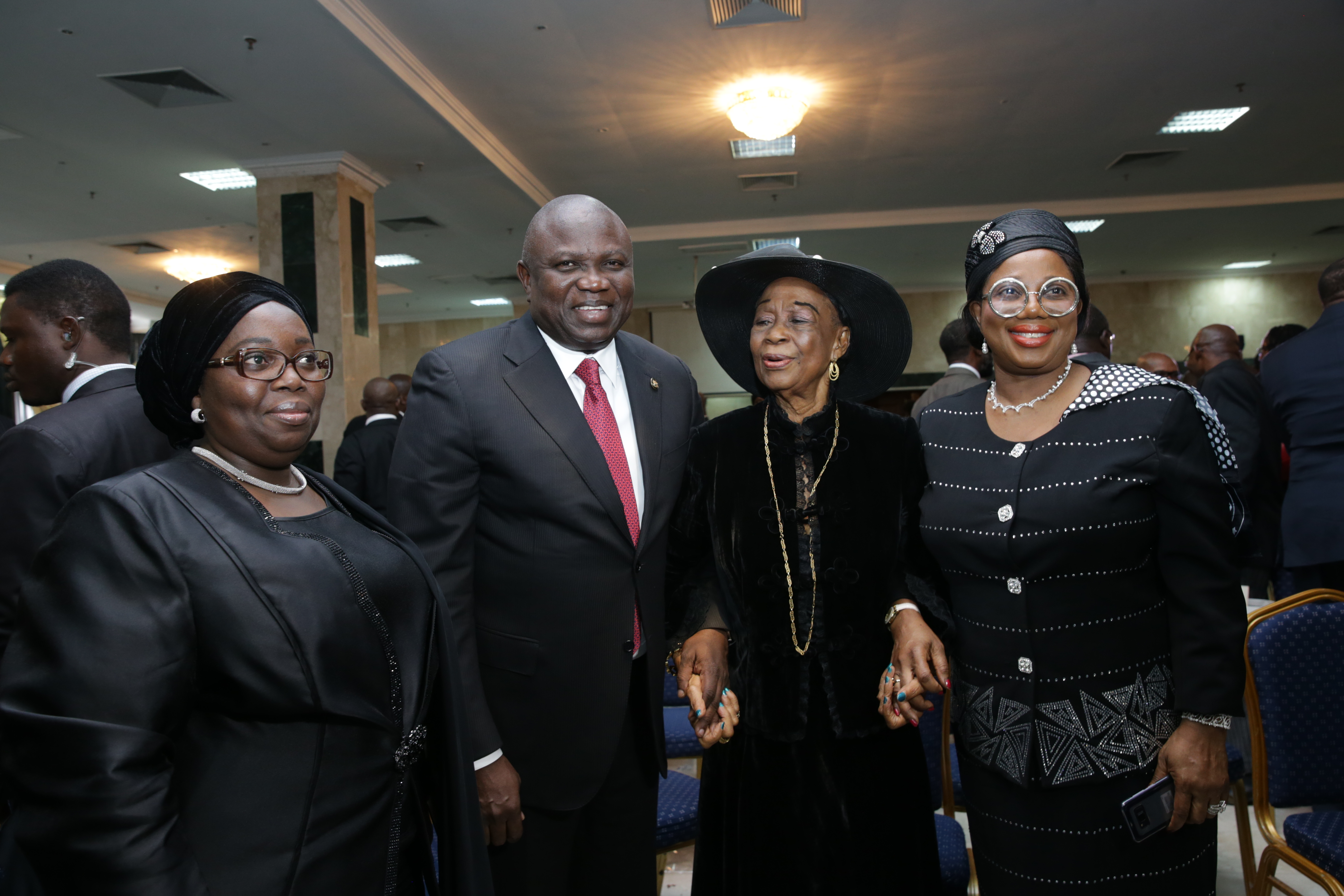 Lagos State Governor, Mr. Akinwunmi Ambode (2nd left); his Deputy, Dr. (Mrs) Oluranti Adebule (left); first female Senior Advocate of Nigeria (SAN). Chief (Mrs) Folake Solanke (2nd right) and Lagos State Chief Judge, Justice Opeyemi Oke (right) during the Lagos State Judiciary first Bi-Annual lecture, at the Lagos City Hall, Lagos Island, on Monday, May 14, 2018.