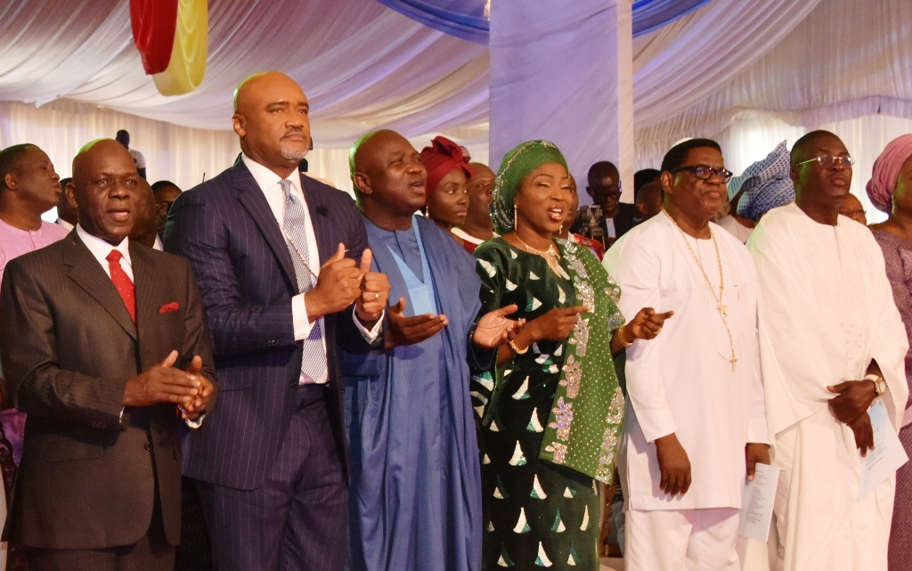Lagos State Governor, Mr. Akinwunmi Ambode (3rd left), his wife, Bolanle (3rd right); Chairman, Christian Association of Nigeria (CAN) Lagos Chapter, Apostle Alexander Bamgbola (2nd right); former Deputy Governor of Lagos State, Otunba Femi Pedro (right); General Overseer, House on The Rock, Pastor Paul Adefarasin (2nd left) and Chairman, APC Lagos State, Alhaji Tunde Balogun (left) during the Thanksgiving Service to mark the 3rd Year Anniversary of Governor Akinwunmi Ambode’s administration at Lagos House, Alausa, Ikeja, on Sunday, May 27, 2018.