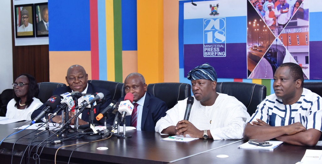Lagos State Commissioner for Health, Dr. Jide Idris (middle); Commissioner for Information & Strategy, Mr. Kehinde Bamigbetan (2nd right); Special Adviser to the Governor on Information & Strategy, Mr. Idowu Ajanaku (right);  Special Adviser to the Governor on Primary Health Care, Dr. Olufemi Onanuga (2nd left) and Permanent Secretary, Ministry of Health, Mrs. Modele Osunkiyesi (left) during the on-going Y2018 ministerial press briefing as part of activities to commemorate the third Year in Office of Governor Akinwunmi Ambode, at the Bagauda Kaltho Press Centre, the Secretariat, Alausa, Ikeja, on Friday, May 4, 2018.