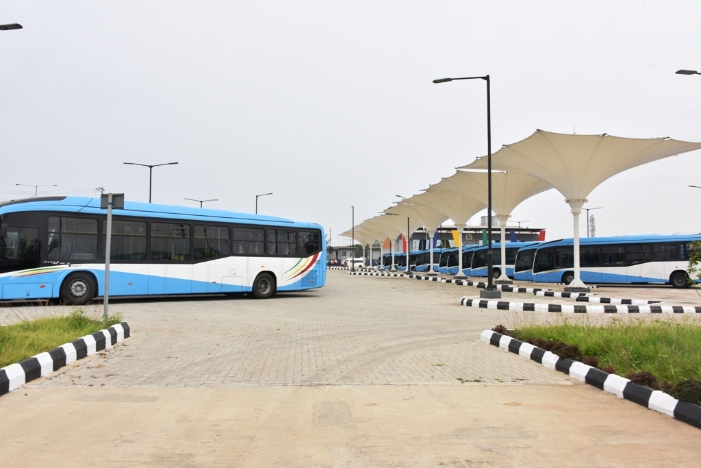 Some of the newly acquired buses at the Ikeja Bus Terminal as part of the Bus Reform Initiative of the Lagos State Government