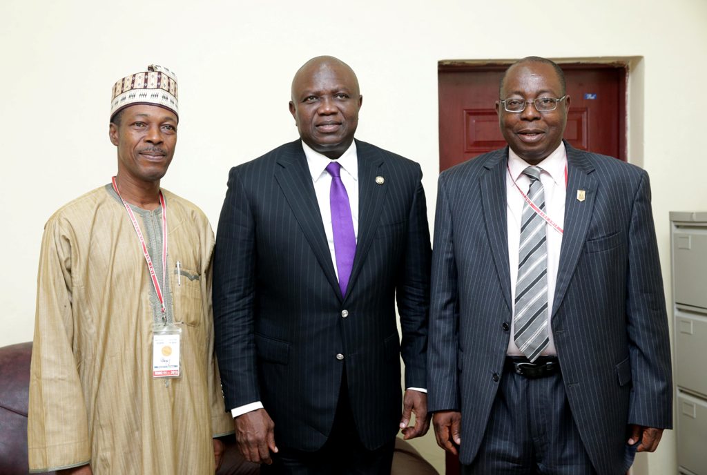  Lagos State Governor, Mr. Akinwunmi Ambode (middle), with Director of Institute for Security Studies, Mr. Matthew Seiyfa (right) and Deputy Director of Studies, Institute for Security Studies, Dr. Abdulwahab Wali (left) during the 2018 Executive Management Course of the Institute for Security Studies in Abuja, on Tuesday, July 24, 2018.   