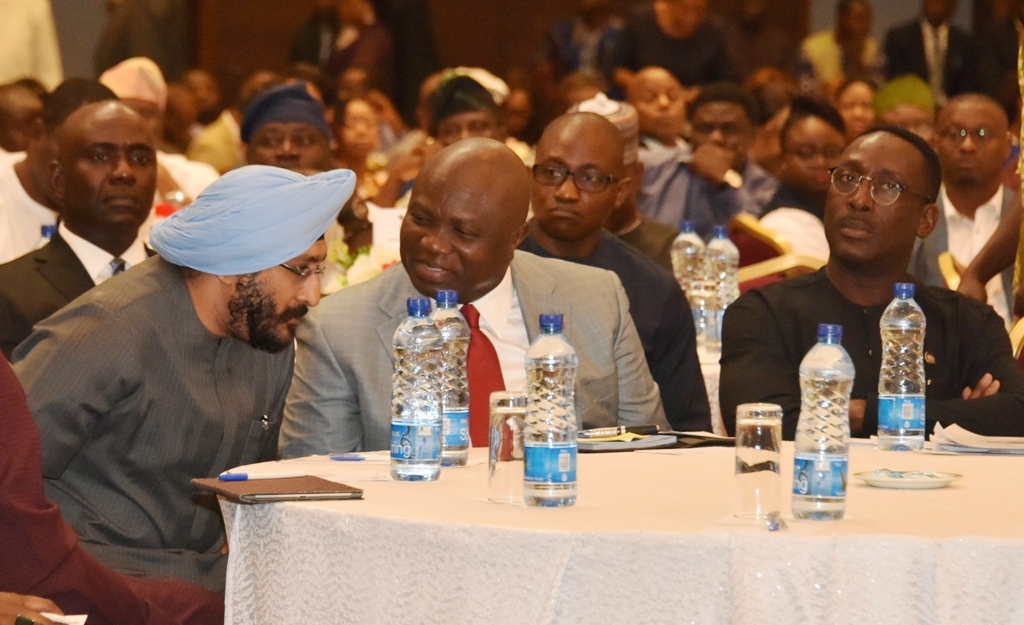 Lagos State Governor, Mr. Akinwunmi Ambode (middle); Commissioner for Transportation, Mr. Ladi Lawanson (right) and Managing Director, Coca-Cola Nigeria Limited, Mr. Bhupendra Suri (left) during the Water Transportation Roundtable at Eko Hotels ad Suites, Victoria Island, Lagos, on Friday, July 27, 2018.