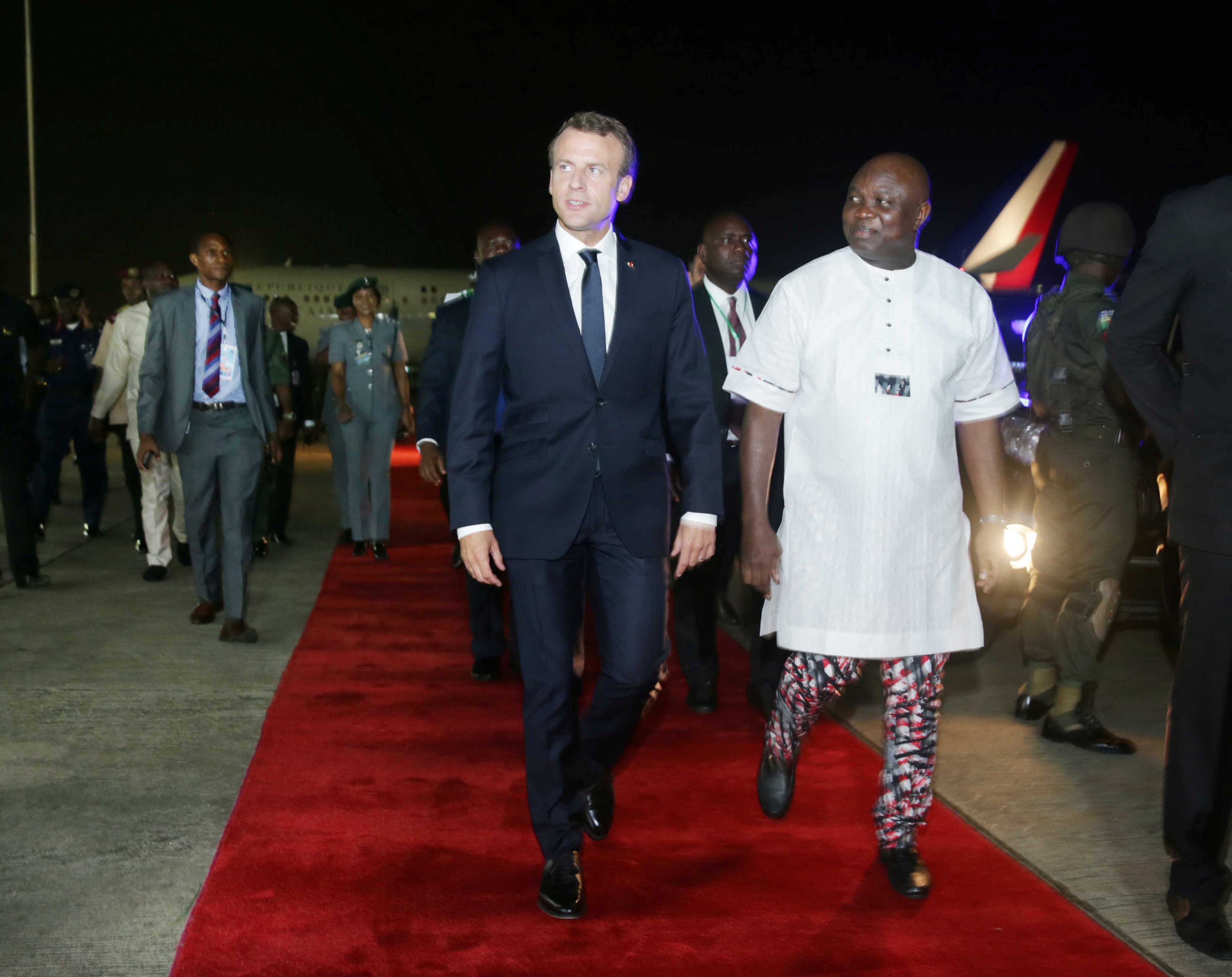 Lagos State Governor, Mr. Akinwunmi Ambode (right), with President of France, Mr. Emmanuel Macron (left) during the arrival of the French President at the Muritala Muhammed International Airport, Ikeja, Lagos, on Tuesday, July 3, 2018. 