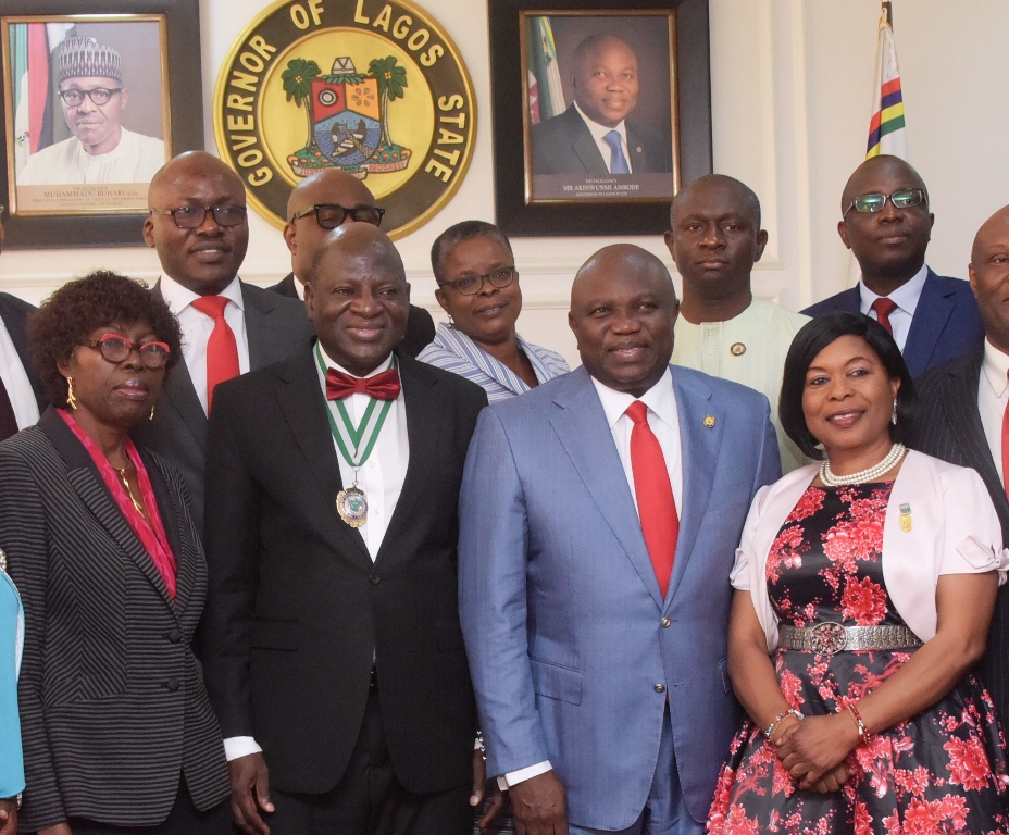 Lagos State Governor, Mr. Akinwunmi Ambode (2nd right), with President, Institute of Chartered Accountants of Nigeria (ICAN), Mr. Razak Jaiyeola (2nd left); his Vice, Mrs. Comfort Eyitayo (right); Past President of ICAN, Princess Adenike Adeniran (left) during a courtesy visit to the Governor by the members of ICAN Governing Council at Lagos House, Alausa, Ikeja, on Tuesday, September 11, 2018. With them: Commissioner for Finance, Mr. Akinyemi Ashade (right behind); his counterpart for Energy & Mineral resources, Mr. Olawale Oluwo (2nd right behind); Permanent Secretary, Ministry of Finance, Mrs. Olufunmilayo Balogun (middle behind) and member of the ICAN Governing Council, Dr. DejiAwobotu (left behind).