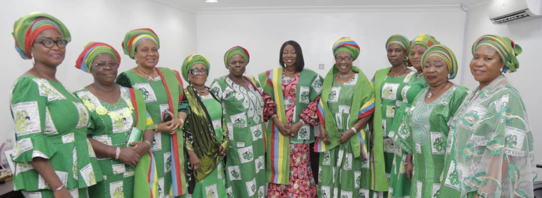Wife of Lagos State Governor, Mrs. Bolanle Ambode (middle), with the President, National Council of Women's Societies (NCWS), Nigeria, Lagos State Branch, Alhaja Agoro Sikirat (5th right); Alhaja Memunat Ajao (5th left) and other members of the council during the investiture of the wife of the Governor as Patron of NCWS Lagos State, at the weekend, at Lagos House, Alausa, Ikeja.                                                   