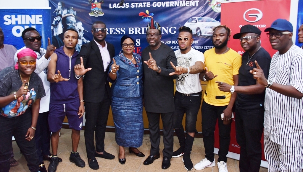  Lagos State Commissioner for Tourism, Arts & Culture, Mr. Steve Ayorinde (5th right); Special Adviser to the Governor on Arts & Culture, Mrs. Aramide Giwanson (5th left), with some of the Artistes billed for the One Lagos Fiesta, Teni; Saheed Osupa; Humblesmith; Mr. P; Mr. Real; Slimcase; Blackky and Adewale Ayuba  during a press conference on the 2018 One Lagos Fiesta at Bagauda Kaltho Press Centre, the Secretariat, Alausa, Ikeja, on Monday, December 3, 2018.