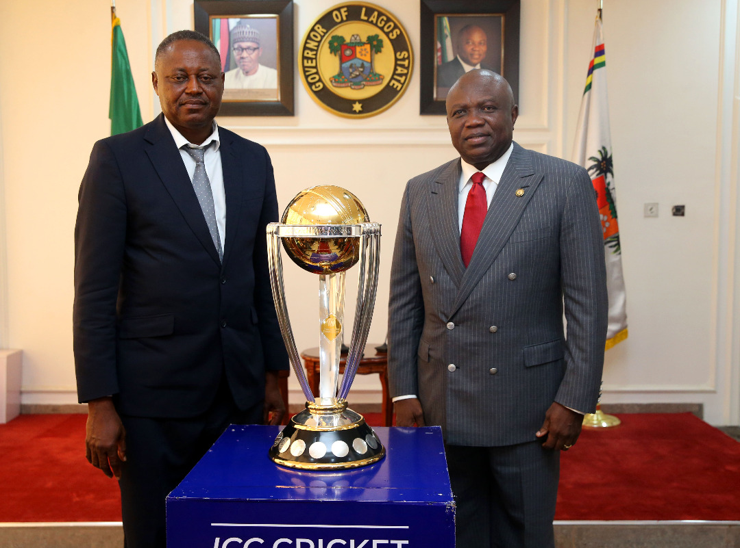 Lagos State Governor, Mr. Akinwunmi Ambode (right), with President of Nigerian Cricket Federation, Prof. Yahaya Ukwenya during the ICC Cricket World Cup Trophy Tour to the Lagos House, Alausa, Ikeja, on Tuesday, February 12, 2019.