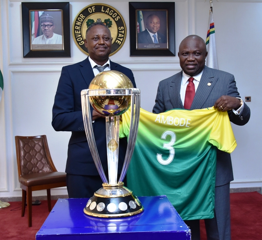 Lagos State Governor, Mr. Akinwunmi Ambode (right); being presented with a Cricket jersey by the President, Nigerian Cricket Federation, Prof. Yahaya Ukwenya (left) during the ICC Cricket World Cup Trophy Tour to the Lagos House, Alausa, Ikeja, on Tuesday, February 12, 2019.